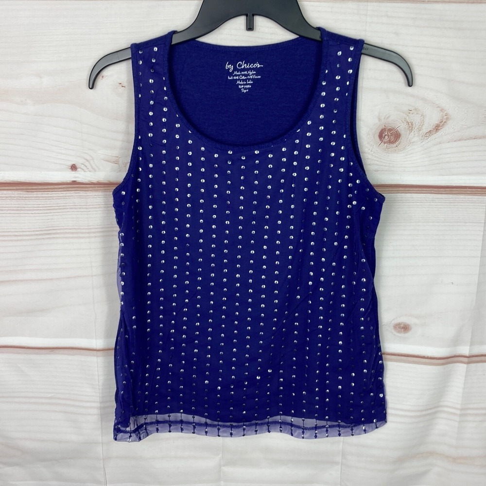 By Chicos Top Womens 0 S Blue Mesh Front Tank Sequins Scoop Neck Sleeveless